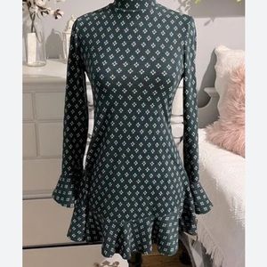 Bebop medium green dress with bell sleeves. High neck line